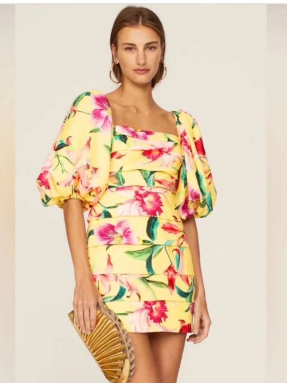 PatBO Floral Mini Dress Womens Sz 10 Yellow Puff Sleeve Resort Tropical Vacation